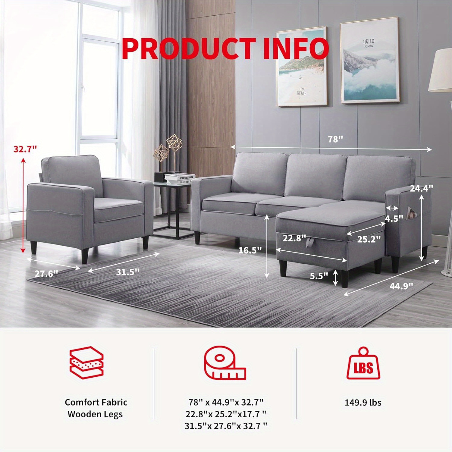 Living Room Sofa Set 2-Piece, 3-Seater Modular Sectional Sofa with Armchair and Storage Ottoman, Linen Fabric Comfortable Furniture Set, Suitable for Small Spaces/Apartments