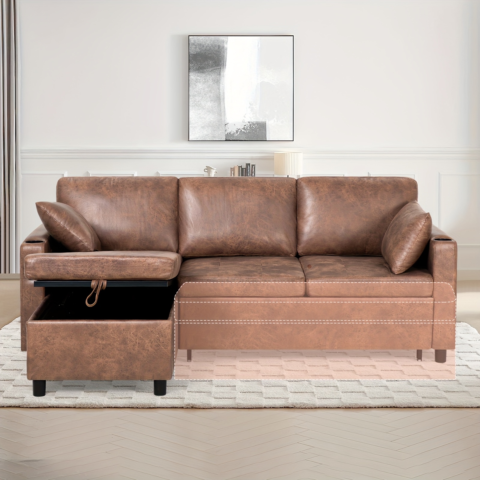 ACMEASE 84inch L-shaped pull-out sofa bed with adjustable backrest (with storage ottoman), synthetic suede fabric sofa with cup holders, modern modular sofa with storage side pockets and tufted cushions, suitable for living rooms and apartments