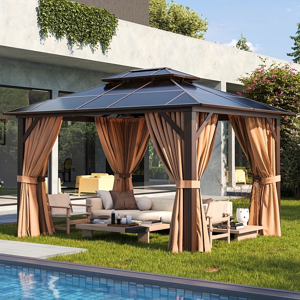 Outdoor hard-top gazebo, polycarbonate gazebo, 10x12 feet heavy-duty double-layer hard-top gazebo, equipped with aluminum frame, privacy screens, mosquito netting, and curtains, suitable for patios