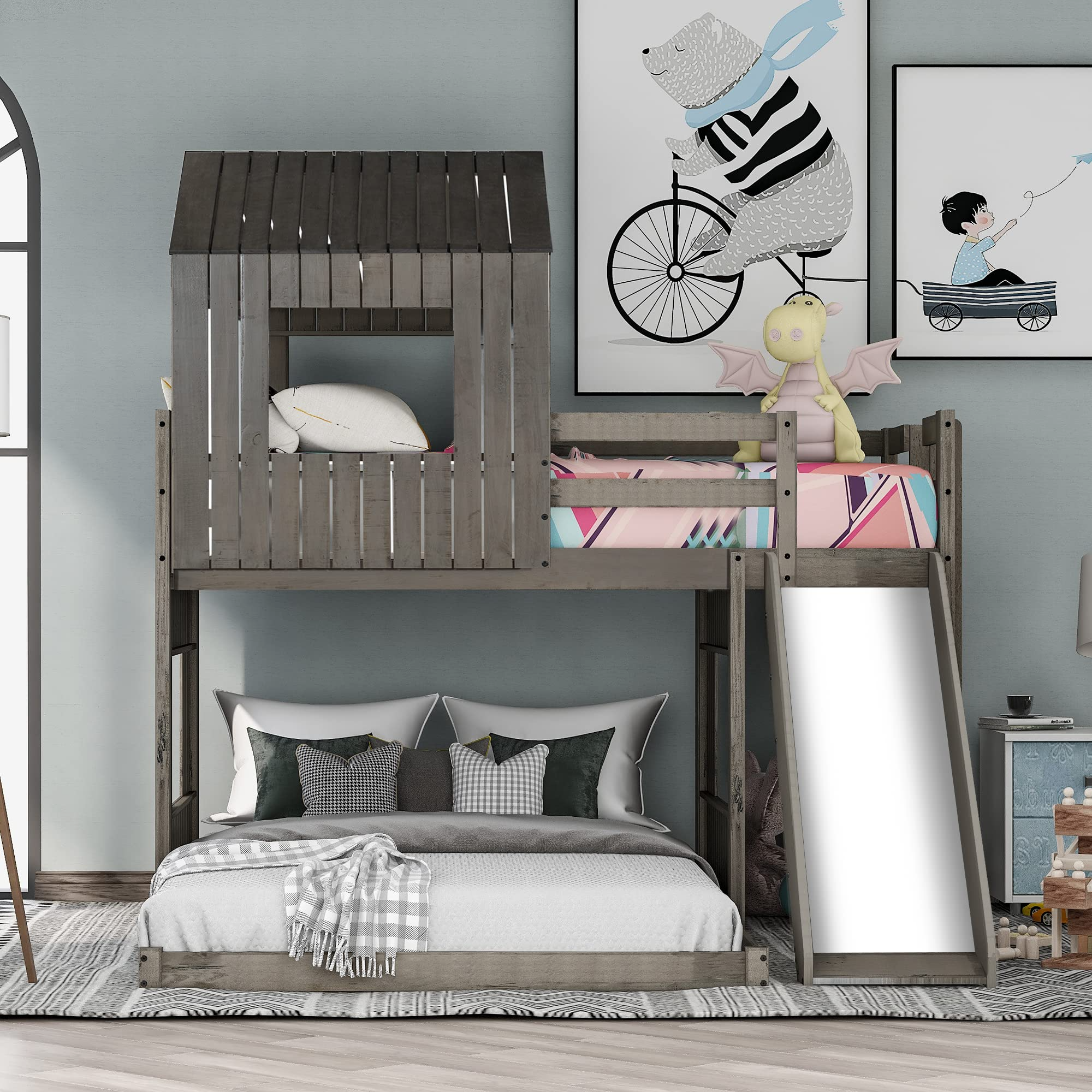House Bed Bunk Beds with Slide, Wood Bunk Beds with Roof and Guard Rail for Kids, Toddlers