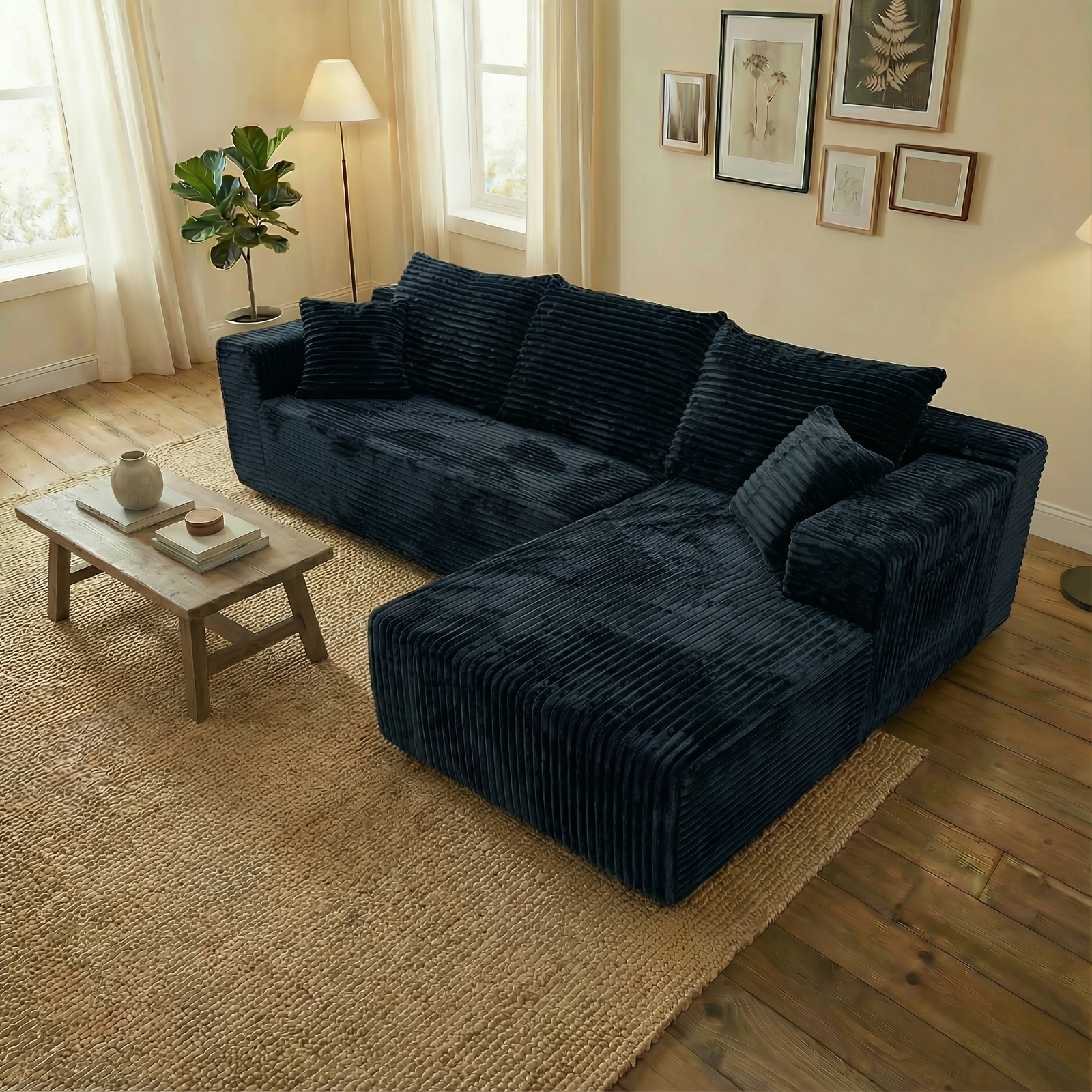 Living room frameless sofa| Modular sectional sofa, made of soft corduroy fabric, minimalist oversized L-shaped sofa with chaise lounge, comes with fluffy pillows and cushions, no assembly required, polyester lining