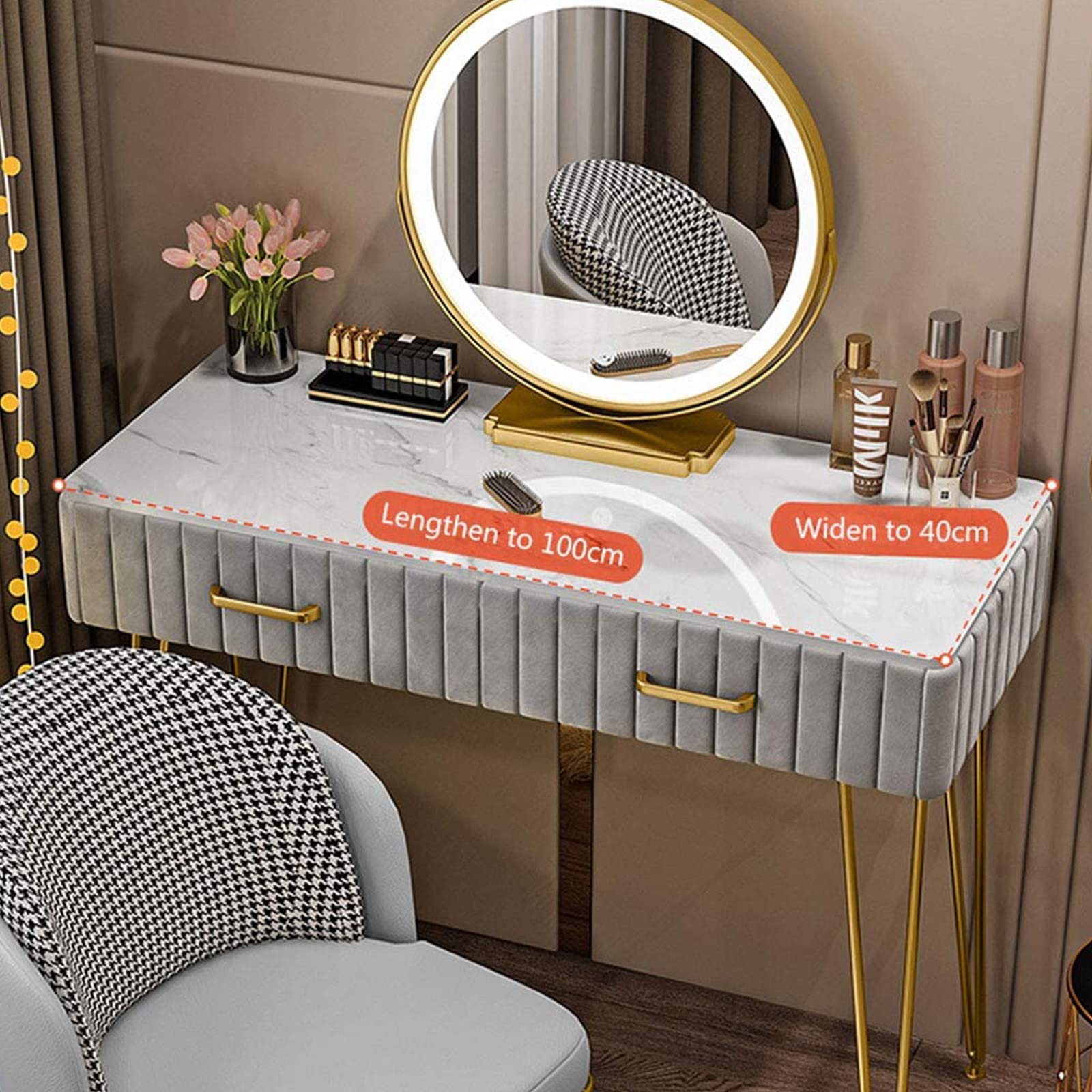 Marble Dresser Set with Illuminated LED Touch Screen Dimmable Round Mirror Makeup Cabinet