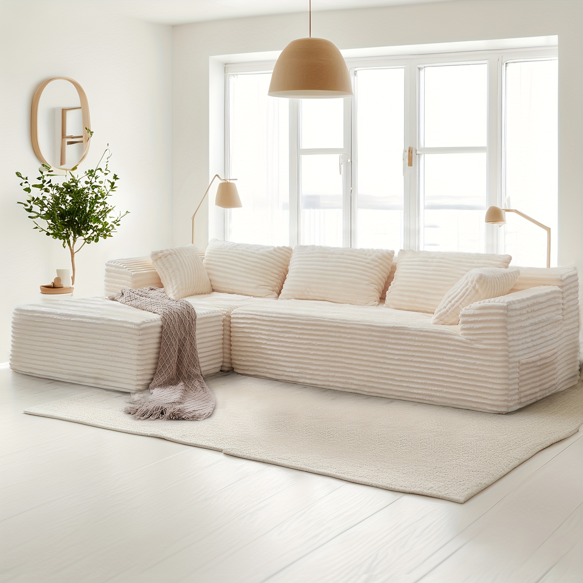 Living room sectional sofa, sectional sofa with L-shaped chaise lounge, cloud sofa, comfortable corduroy fluffy sofa with deep seats and side pockets