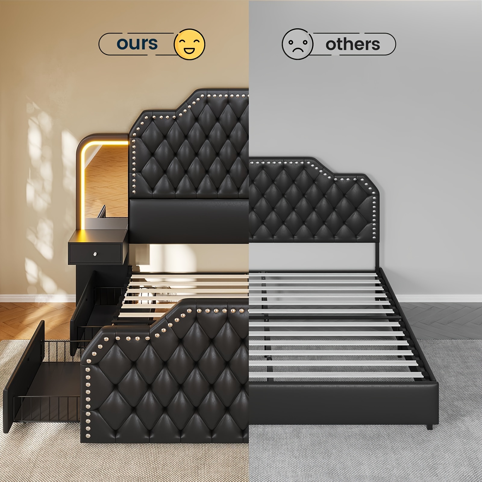 Queen size bed frame with headboard and 4 storage drawers, modern platform bed frame with 2 bedside tables with mirrors