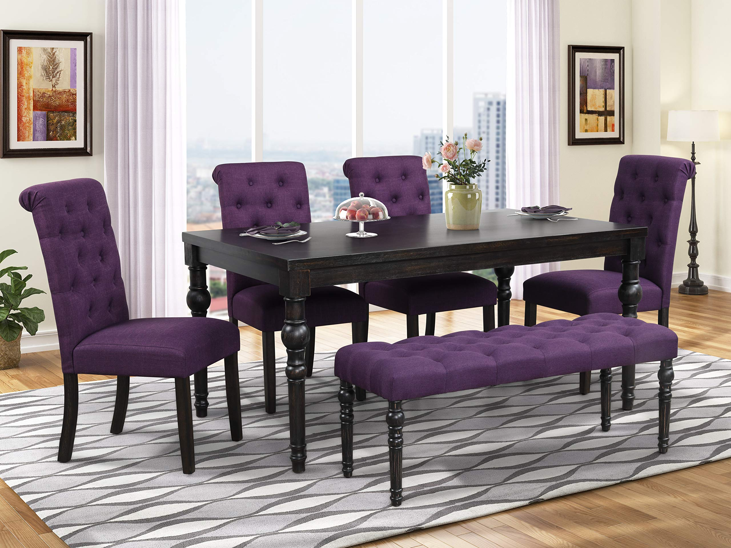 Aneta Urban Style Dark Washed Wood Dining Set: Table, 4 Chairs & Bench, Purple