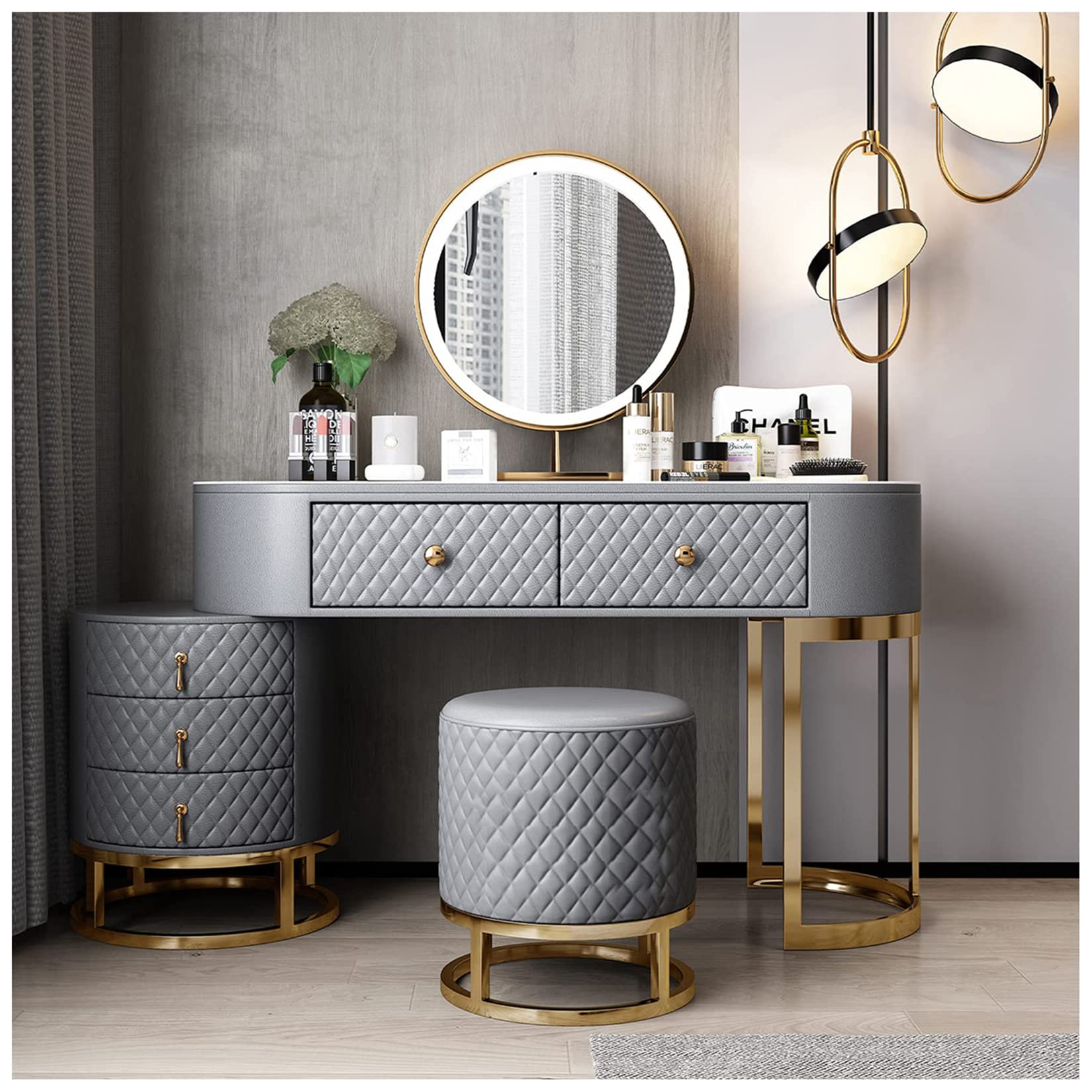 【BS】Dresser Table Vanity Makeup Table Set Makeup with 5 Drawers Dressing Table with Lighted Mirror