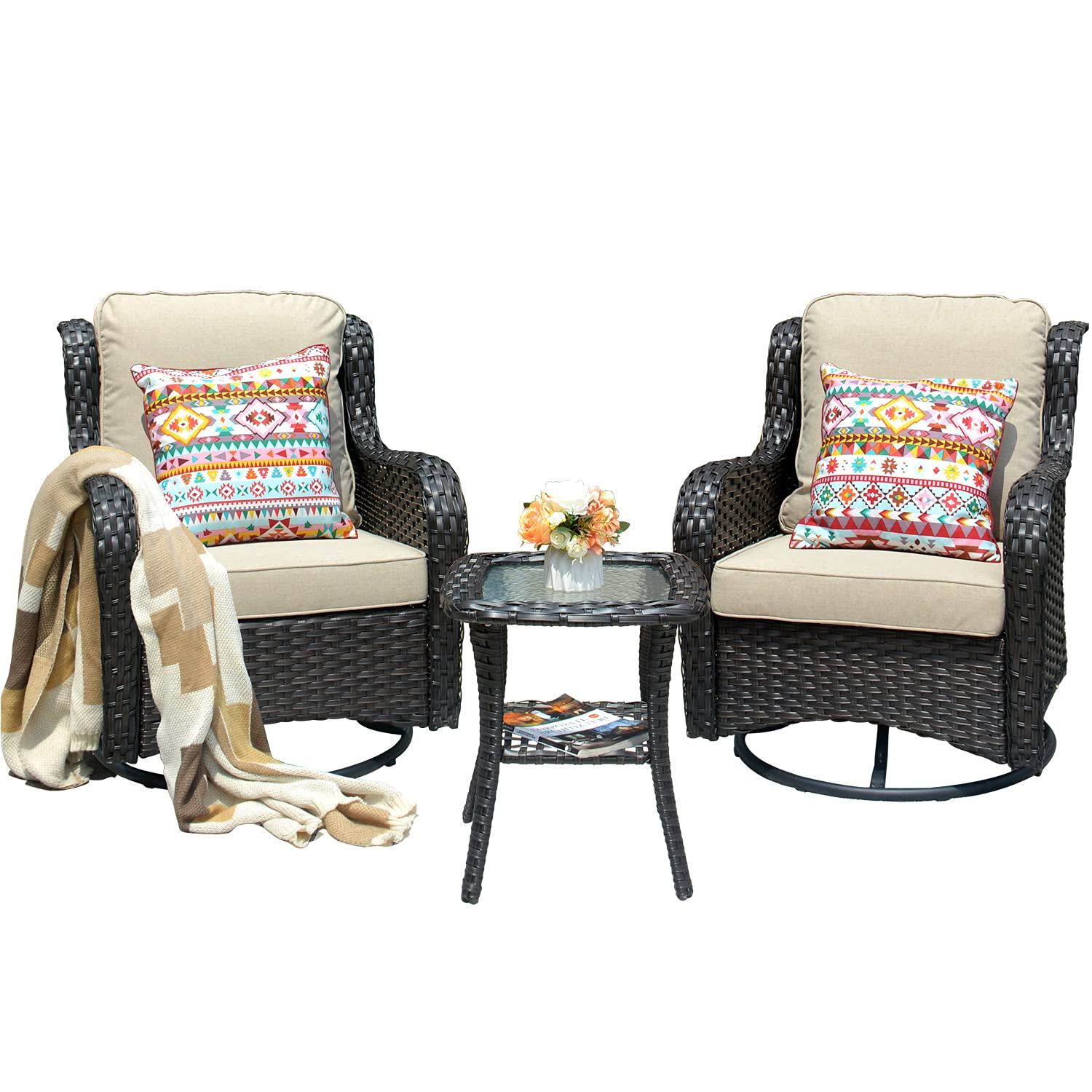 Patio Chair Outdoor Wicker Swivel Rocker Patio Chairs Set of 2 & Matching Side Table