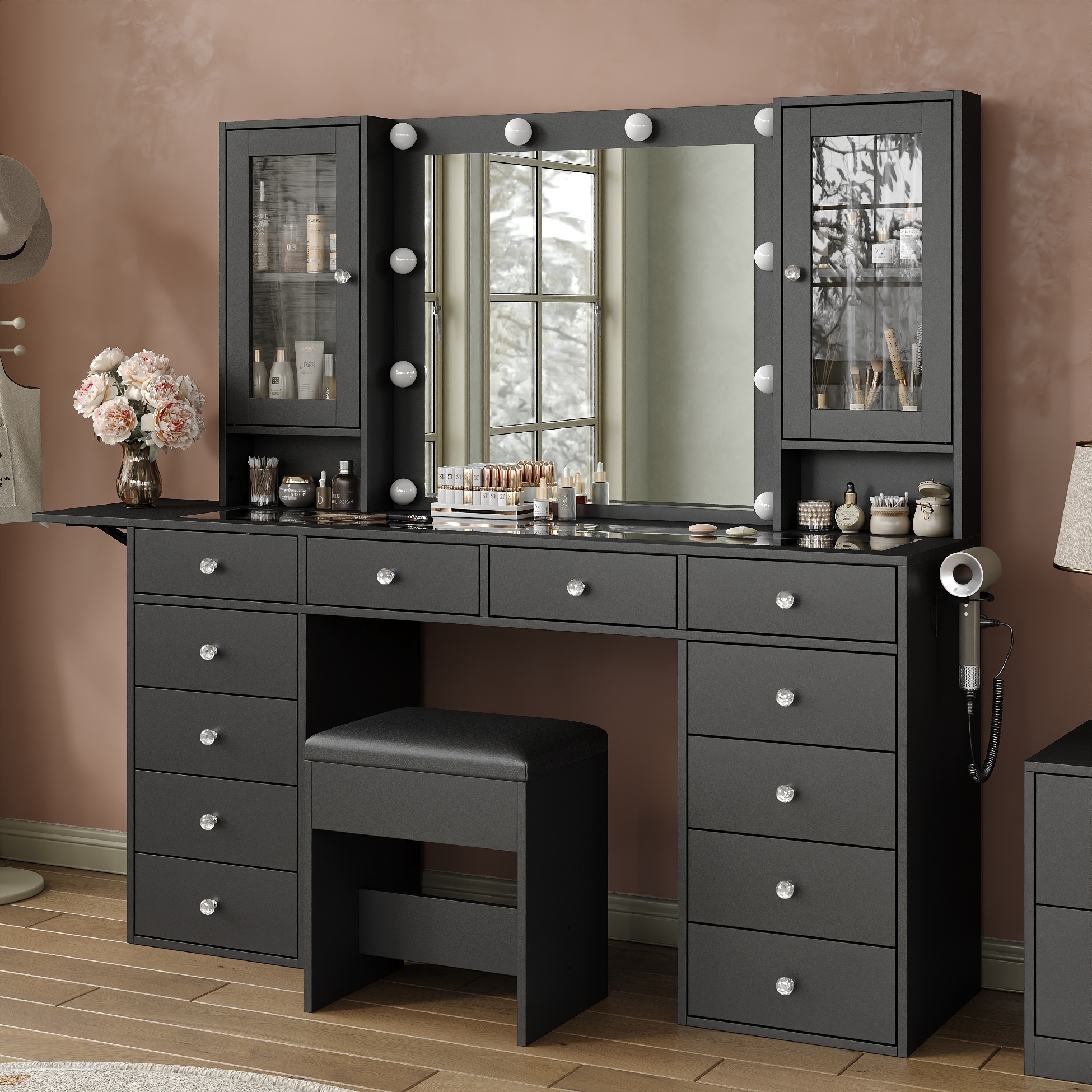 Dressing table with power plug, dressing table with mirror and 10 LED lights, makeup dressing table with 12 drawers and 2 cabinets, folding panel, glass-top dressing table with chair, suitable for bedroom
