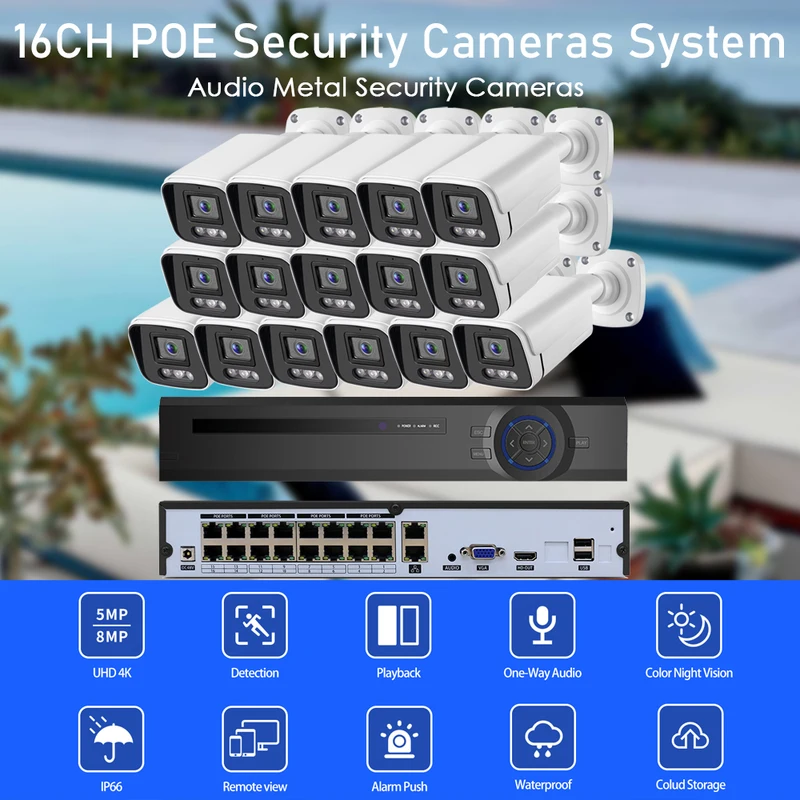 Gadinan H.265 16CH 4K 8MP POE Camera System Face Human Detect Audio Outdoor 4K Security Surveillance Set Colorful Night Vision