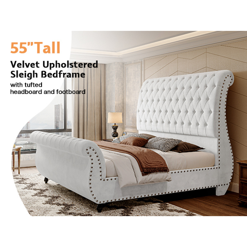 Luxurious velvet upholstered sled bed, featuring an elegant curved headboard and footboard, with a button-tufted base, no box spring required
