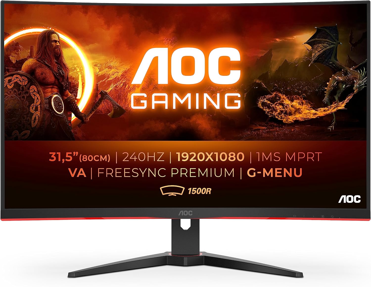 AOC Gaming C32G2ZE - 32 Inch FHD Curved Monitor, 240Hz, 1 ms MPRT, VA AMD FreeSync Premium, Low Input Lag (1920x1080@ 240Hz, 300 cd/m&sup2;, HDMI/DP)