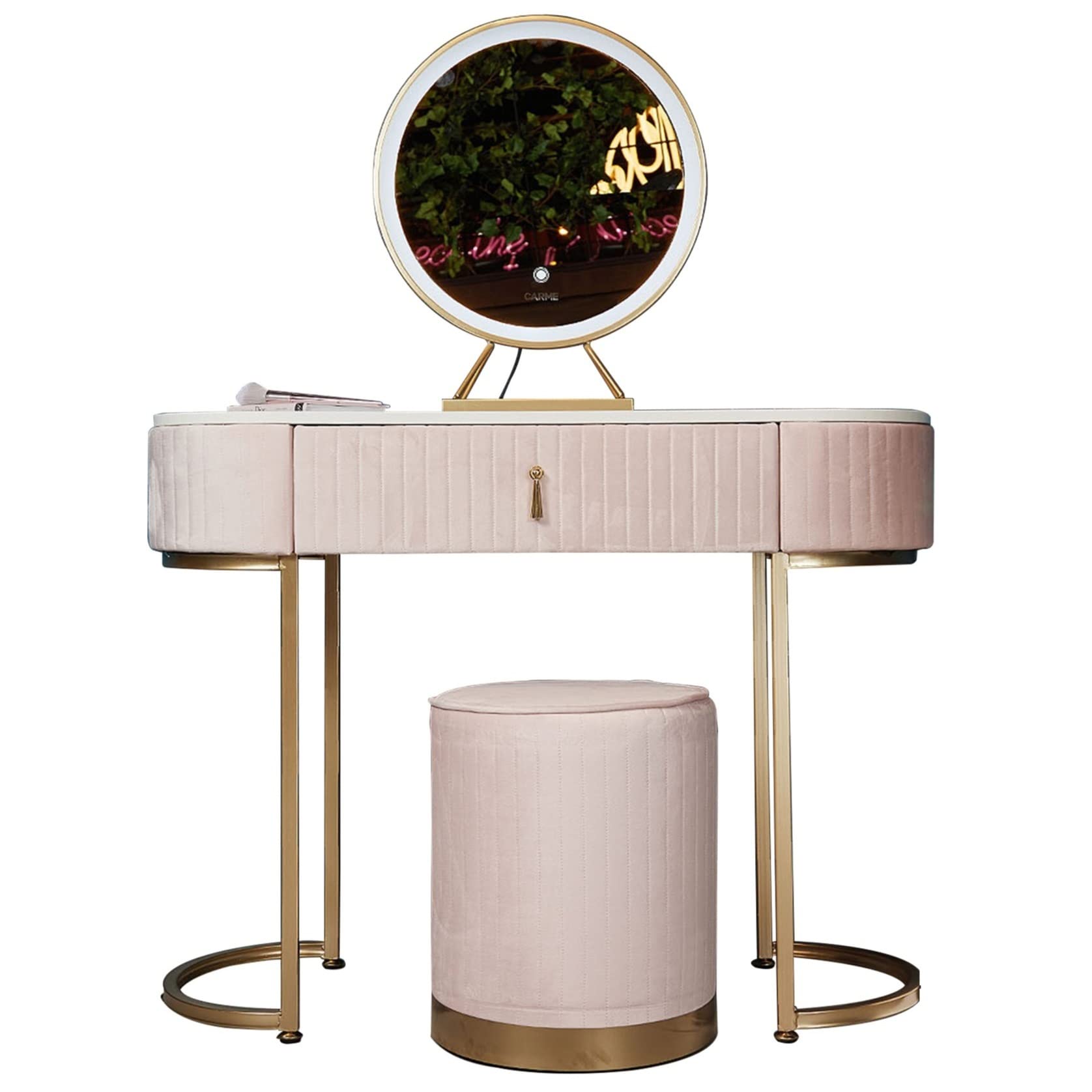 Velvet Dressing Table with LED Light Mirror Touch Sensor 1 Drawer Stool Set Bedroom Modern Dresser