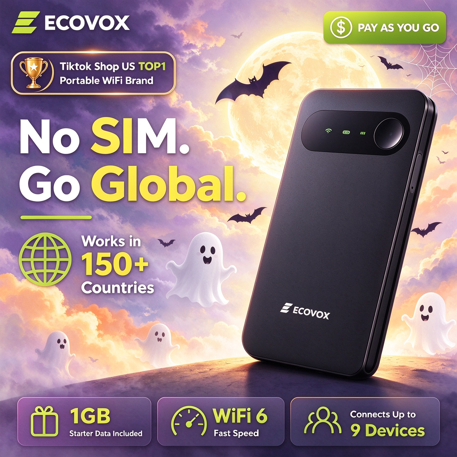 ECOVOX Pocket-Sized FCC Certified 4G LTE eSIM Wireless Hotspot, 150Mbps Speeds Fast WiFi, Auto-Switch AT&T/T-Mobile/Verizon, 86g Device, 1 Port, 1GB Data Bonus for Airport & RV Use