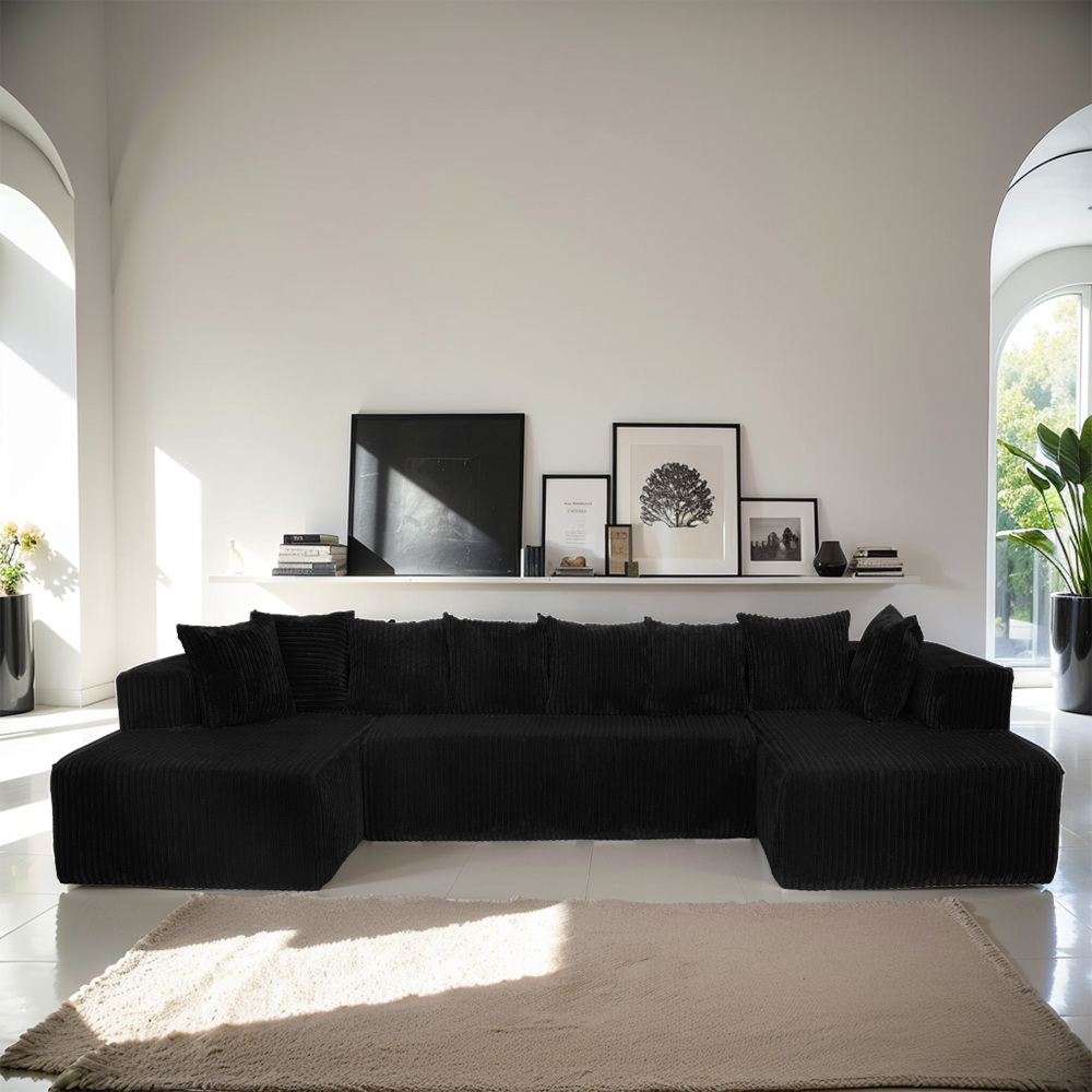 130inch Modular U-Shaped Sofa with Chaise Lounge - 4-Seater Reversible L-Shaped Sofa, Striped Corduroy Fabric (Black), No Assembly Required, Configurable Layout, Suitable for Large Living Rooms and Bedrooms - Soft and Comfortable