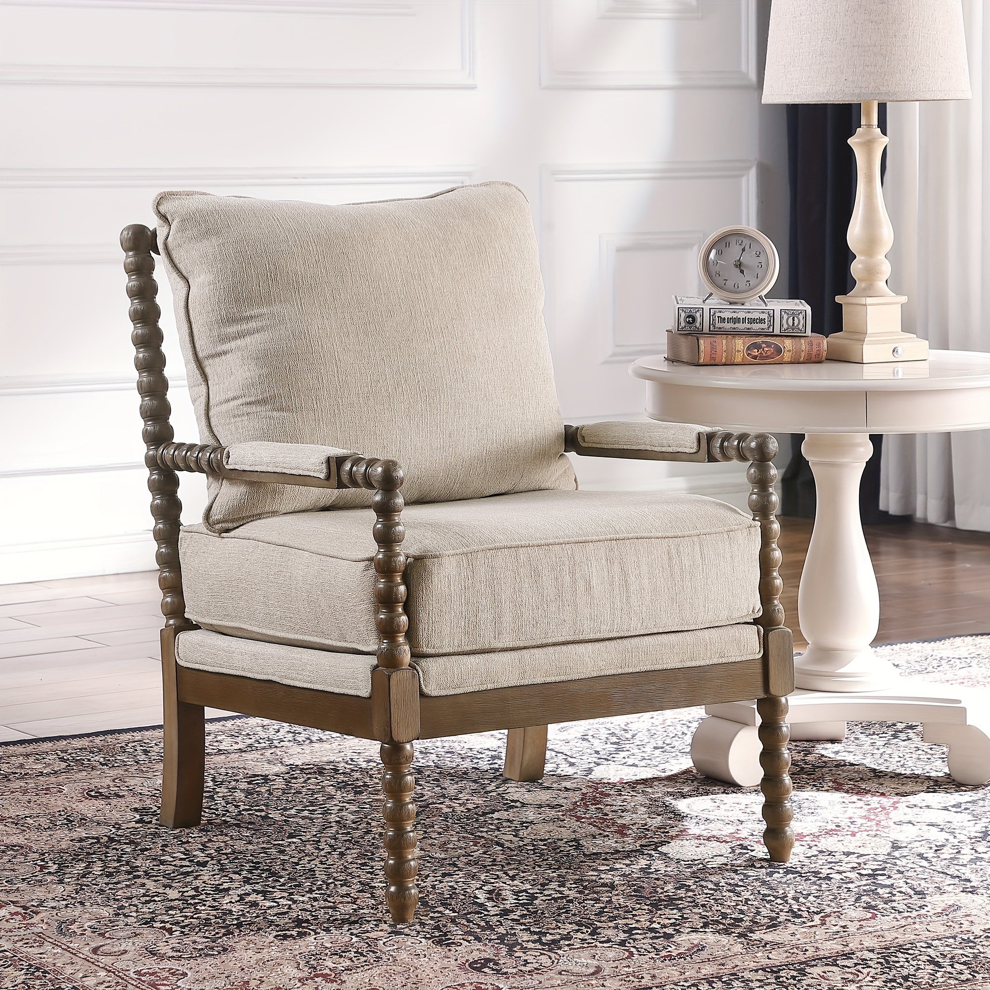 Morden Fort Beige Reading Chair| Linen fabric| Medieval modern style, silhouette| Bedroom, living room| With cushions, comfortable, armchair, local chair, indigenous chair