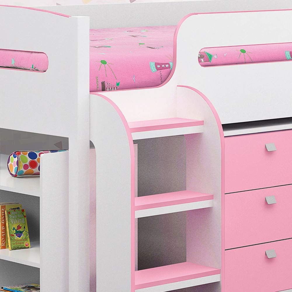 Kids Mid Sleeper Bed, Wood Contemporary Desk Drawers Shelf Storage Bed with Pocket Sprung Mattress
