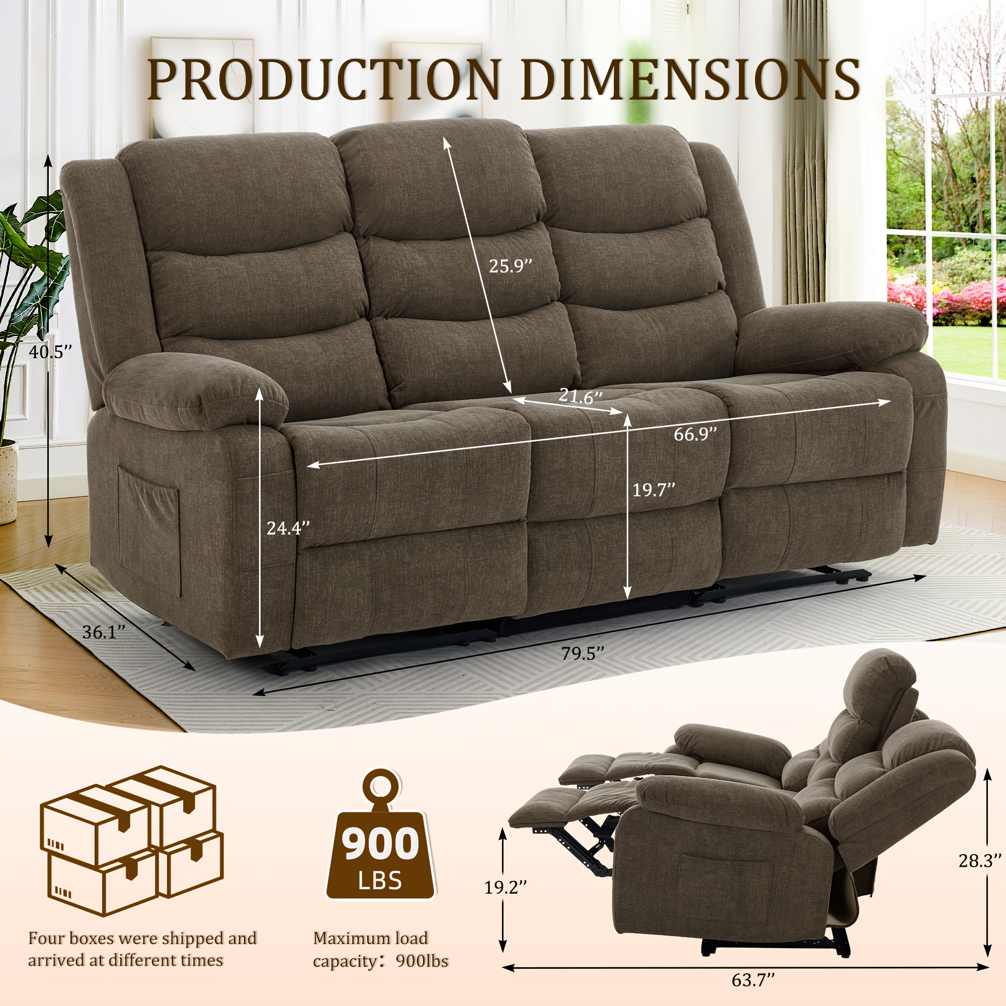 Extra-large three-seater recliner sofa, wall-mounted living room three-seater sofa, large three-seater recliner sofa with front pocket and side pockets, cashmere, manual recliner sofa