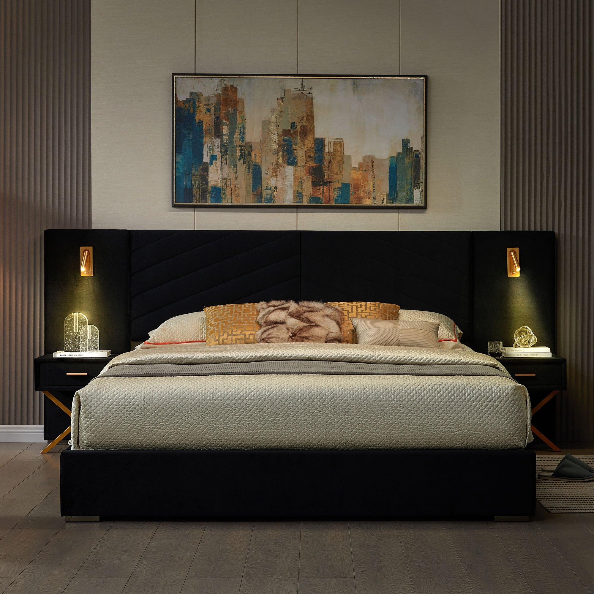 Luxurious double/queen-size bed frame with built-in LED lights and nightstand, double/queen-size platform bed with extra-large upholstered headboard, no mattress support required