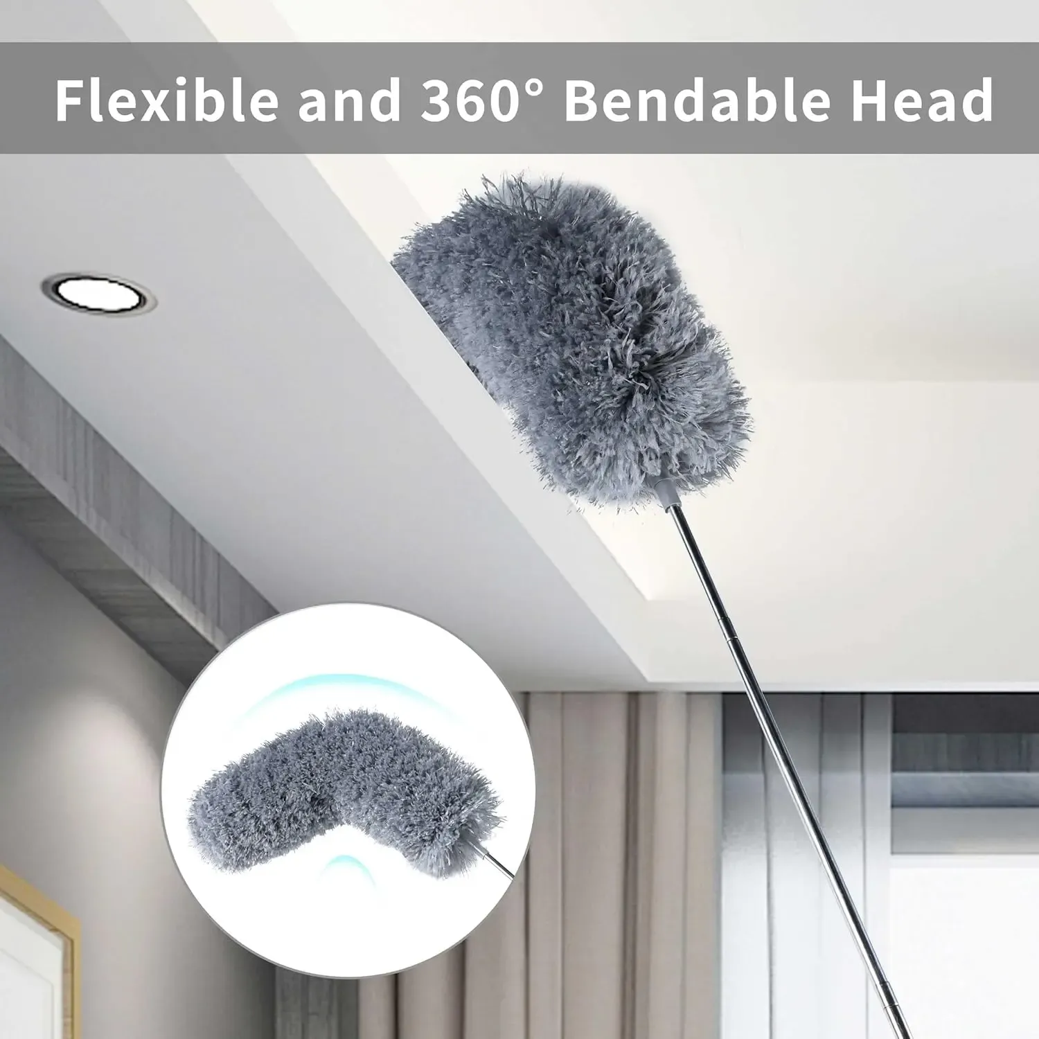 Extendable microfiber duster, equipped with 100inch extension rod, 3 washable duster replacement heads, 360-degree rotation° Flexible long-handled ceiling fan cleaning brush, with rubber cover, gray