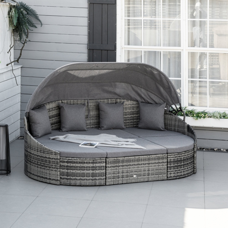 4 PC Patio Wicker Lounge Set, Outdoor Rattan Modular Garden Round Daybed Set