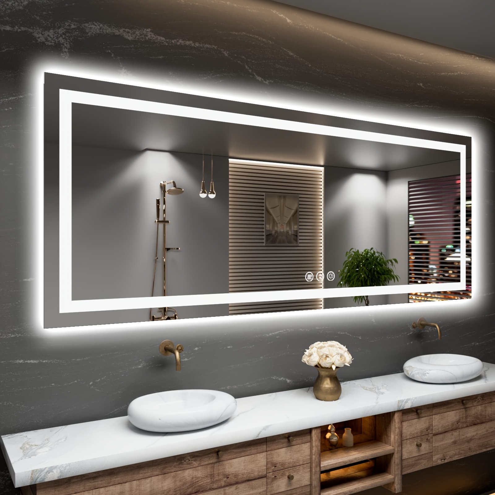 LED Bathroom Mirror - Anti-fog and shatterproof tempered glass, large modern vanity mirror, suitable for bathrooms and dressing rooms, perfectly suited for homes/hotels/apartments (with front and rear dual lights)