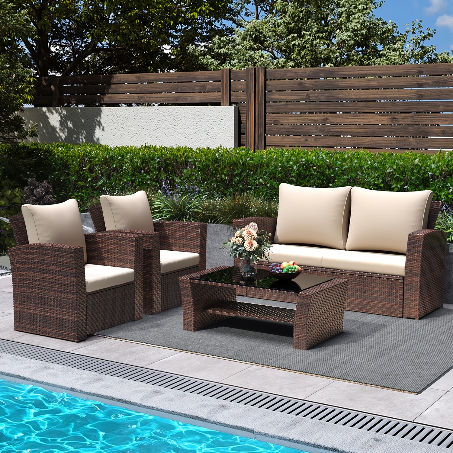 ROYALCRAFT 4-piece patio furniture set, all-weather outdoor sectional sofa, hand-woven rattan outdoor conversation set, with cushions and glass table