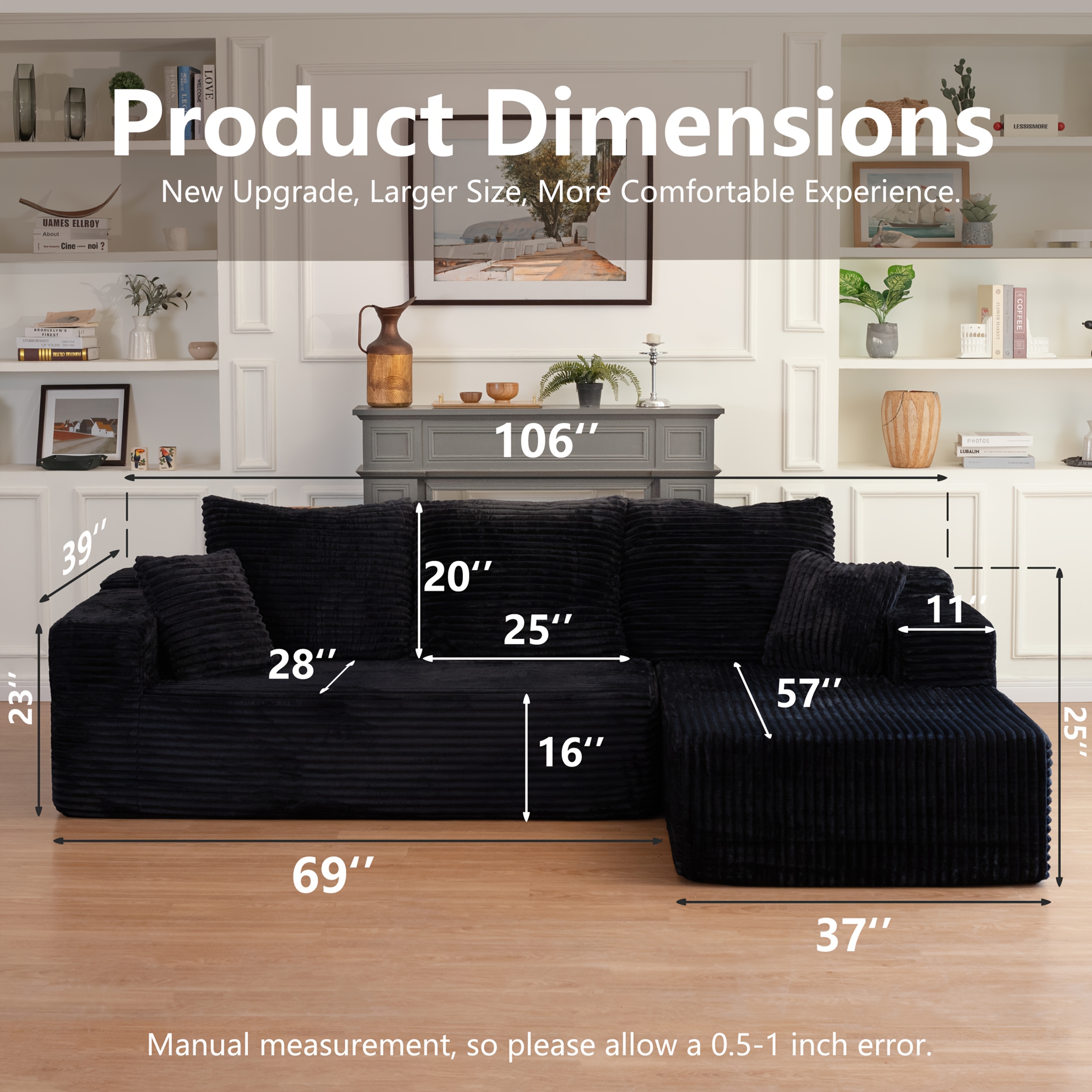 106inch Modular L-shaped corner sofa, chaise lounge, deep seat design, modern minimalist upholstered sofa with chaise lounge, no assembly required, corduroy fabric