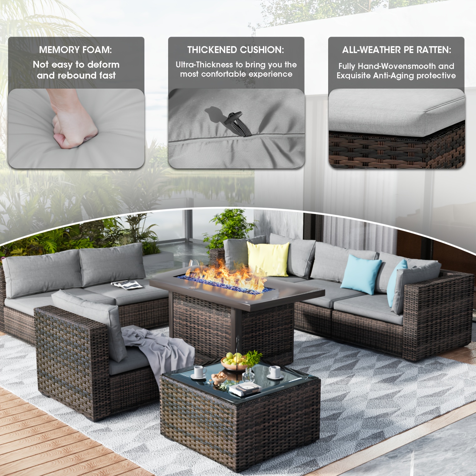 7-piece outdoor patio furniture set, including a fire pit table, PE rattan patio lounge sofa set with cushions
