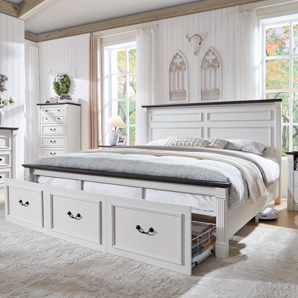 Farmhouse king/queen/twin size bed frame with high headboard, wooden platform bed frame with 20inch high Roman column decorated footboard and 3 large storage drawers, no spring mattress required