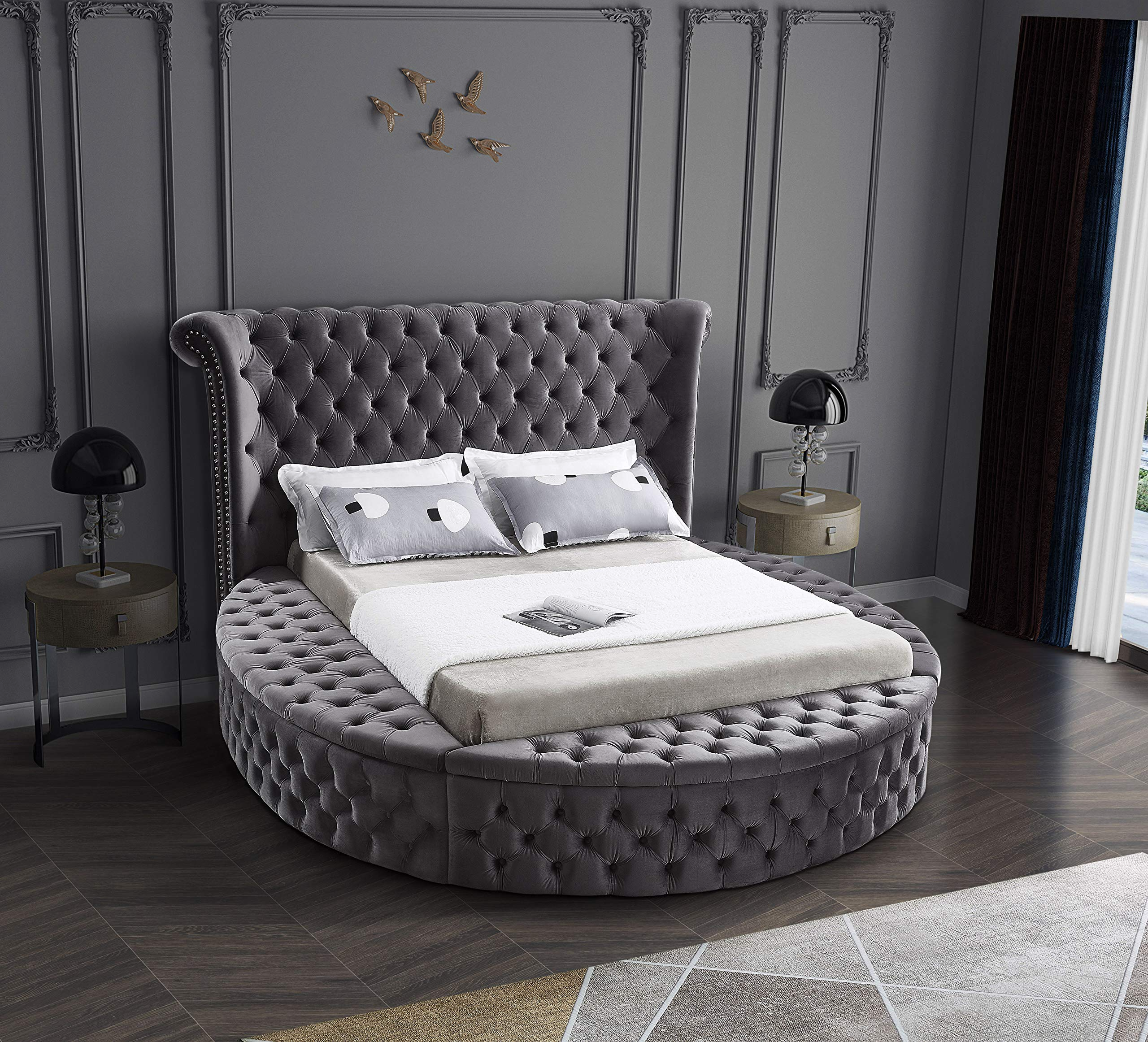 Contemporary Round Shaped Velvet Upholstered Bed with Deep Button Tufting & Footboard Storage, King