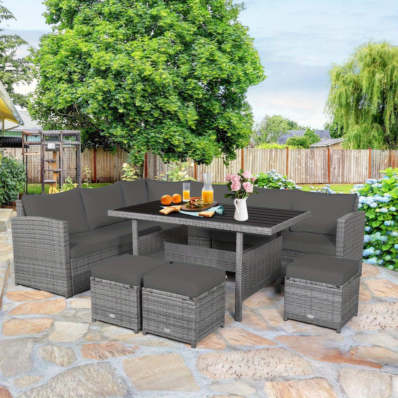 COSTWAY 7-piece outdoor patio furniture set, outdoor PE rattan combination sofa set with cushions and footstool, suitable for poolside and backyard patio dining furniture, available in red/cream/green/black/navy blue/gray
