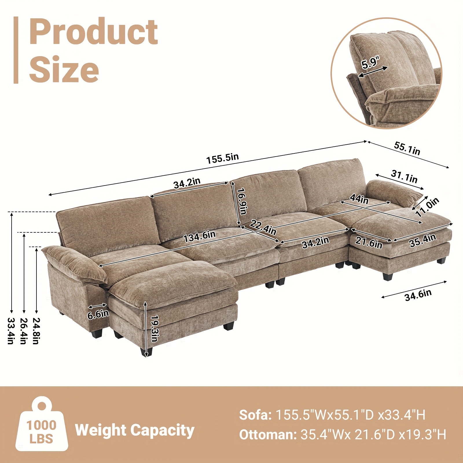 Double-layer modular sofa in chenille teddy velvet