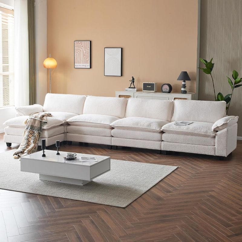 Modern style four-seater L-shaped sectional sofa with movable footrest, comfortable cloud-style design, suitable for living rooms, bedrooms, offices, and small spaces, requires simple assembly, beige color
