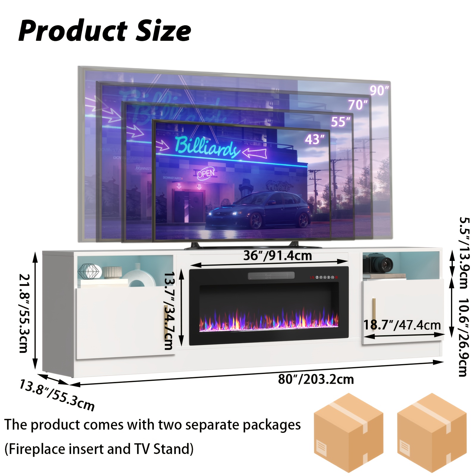 Fireplace TV Cabinet, with 36inch fireplace, 80inch TV cabinet, LED light entertainment center console table suitable for TVs under 85inch, equipped with high-brightness storage cabinets