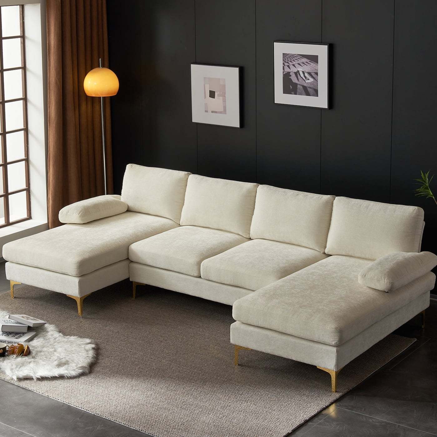 U-shaped sofa with two chaise lounges, gold-plated legs, 4-seater, indoor modular sofa, chenille