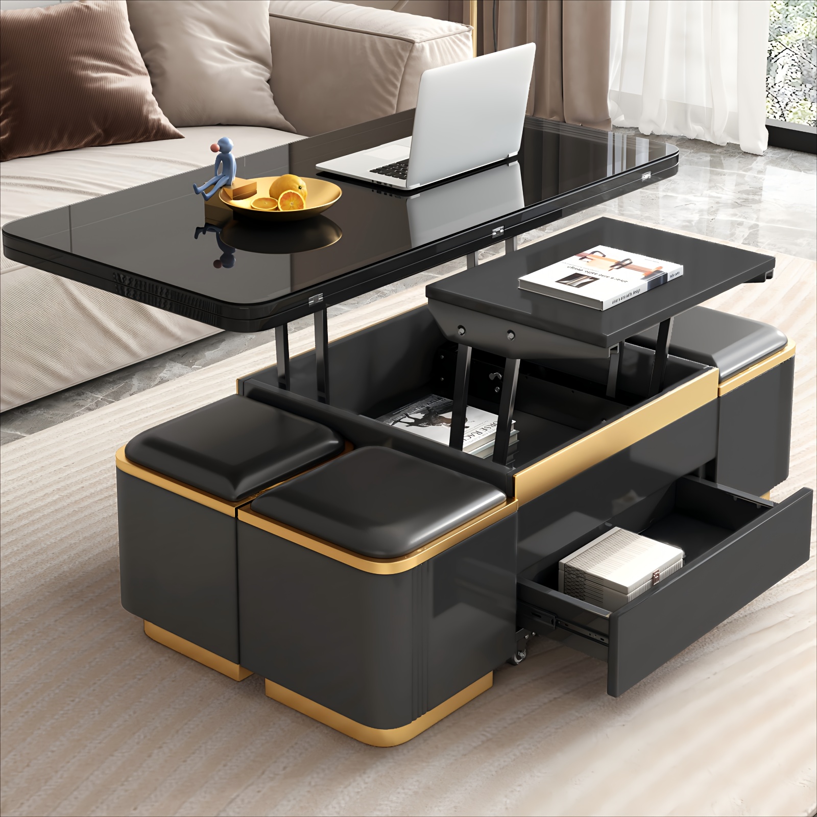 Multifunctional lift-top coffee table, extendable coffee table with 4 storage stools, space-saving folding dining table suitable for living rooms, offices, and small spaces, Guyii
