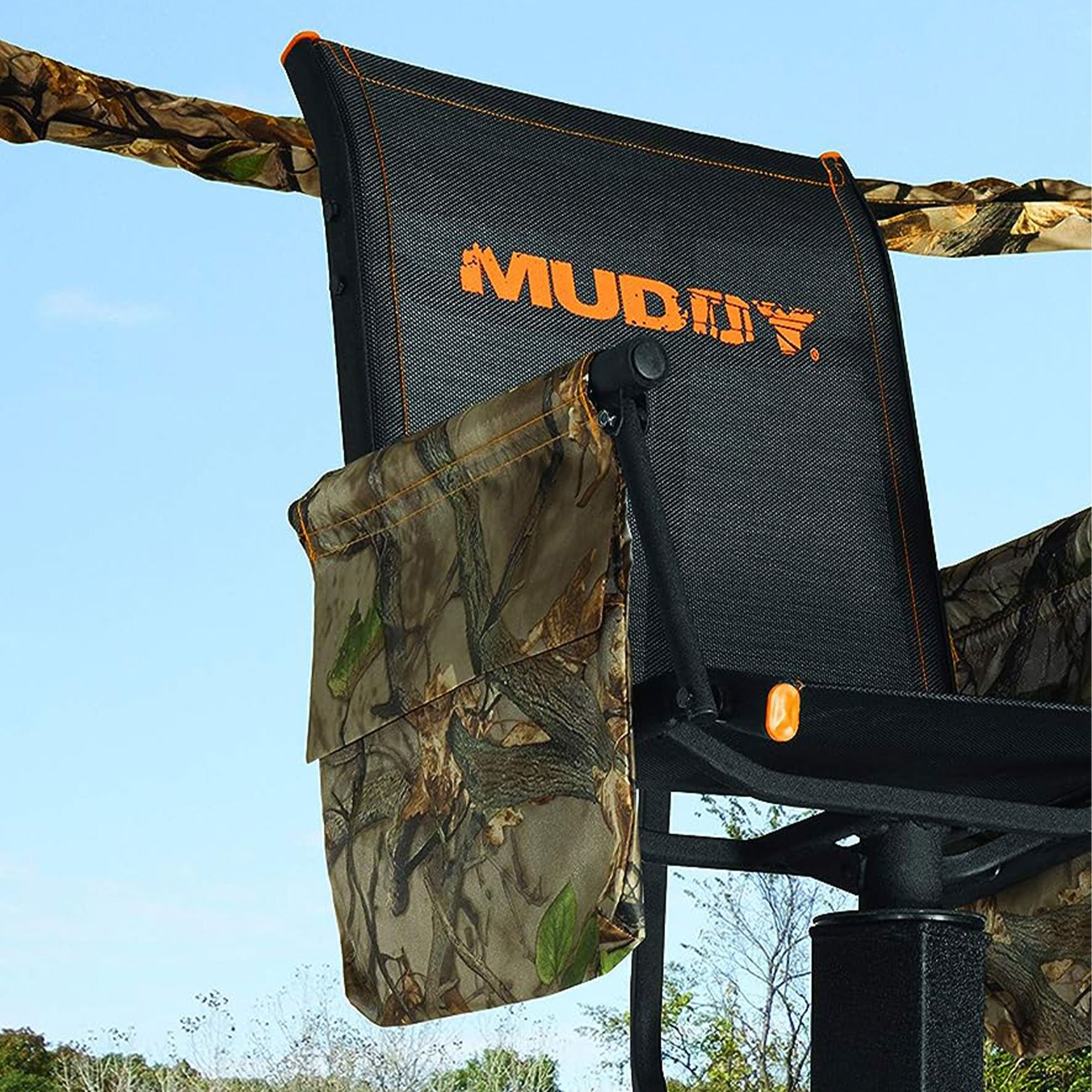 Muddy 16' Liberty Tripod with Hunting Chair, hunting equipment deer stand featuring a swivel Flex Tek seat and detachable gear bag, with a weight capacity of 300 pounds