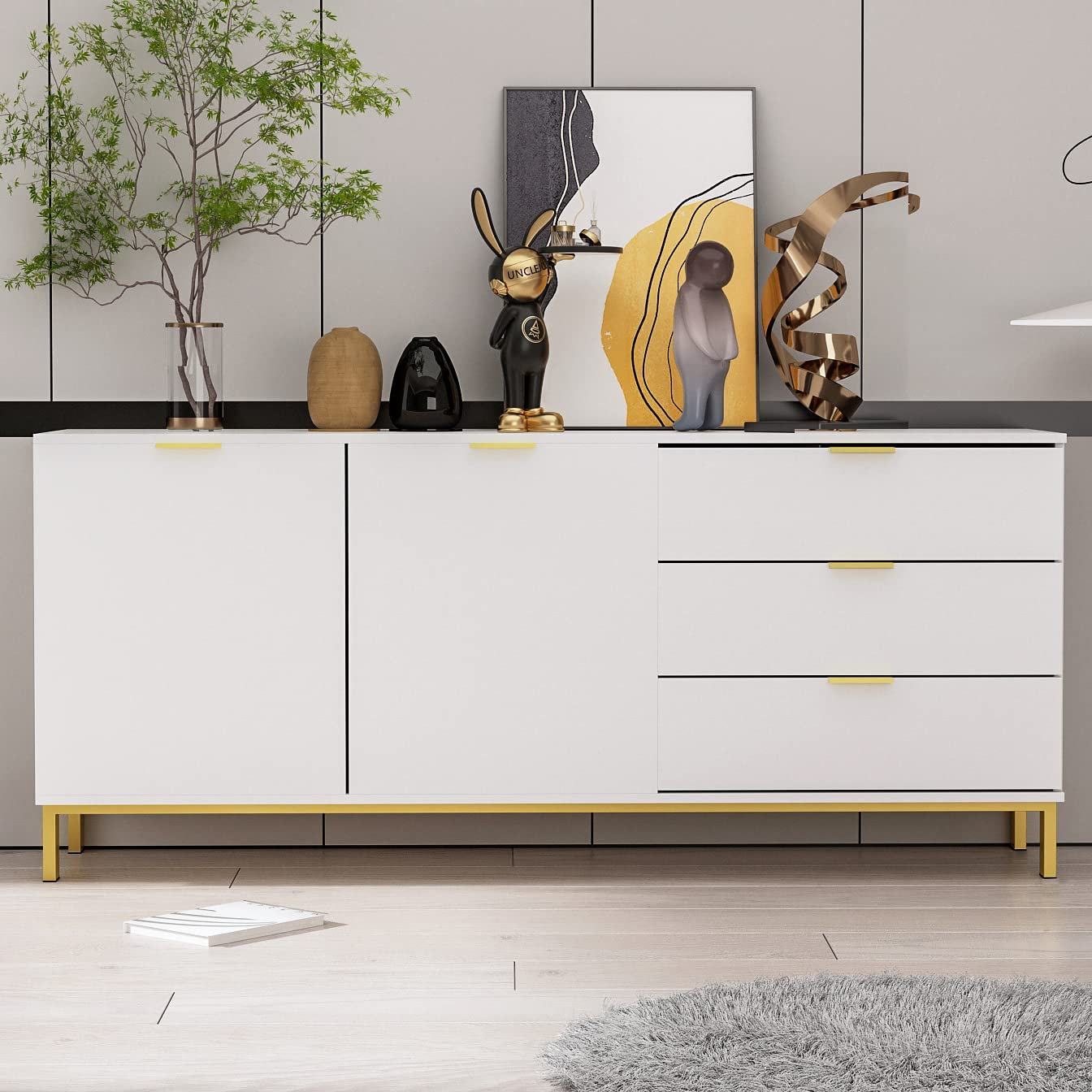 Buffet Sideboard with 3 Drawers & 2 Doors Storage, Buffet Cabinet Sideboard Credenza Coffee Bar Cabinet