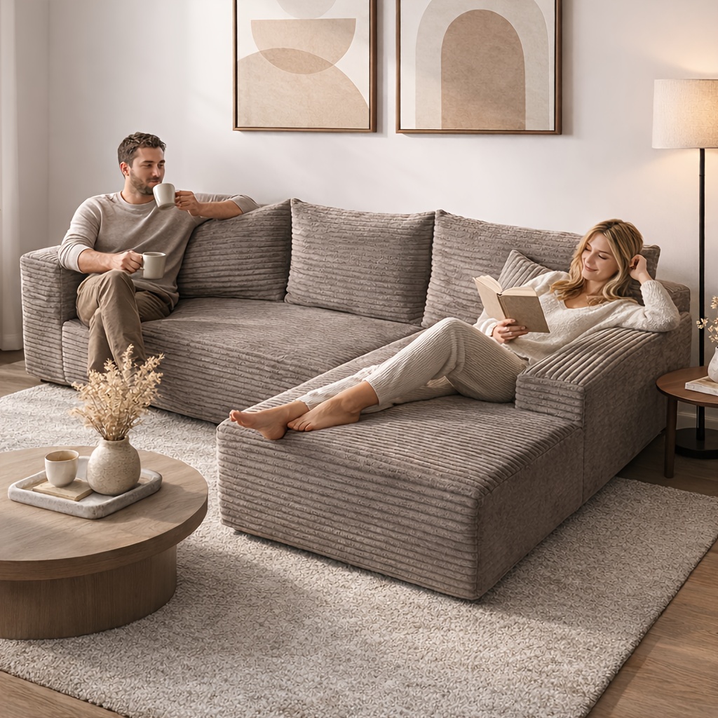 No assembly required for the modern L-shaped chaise lounge sofa, featuring soft corduroy fabric – the off-white cloud sofa, deep-seated chaise lounge, modular L-shaped combination sofa, suitable for living rooms, apartments, and home spaces