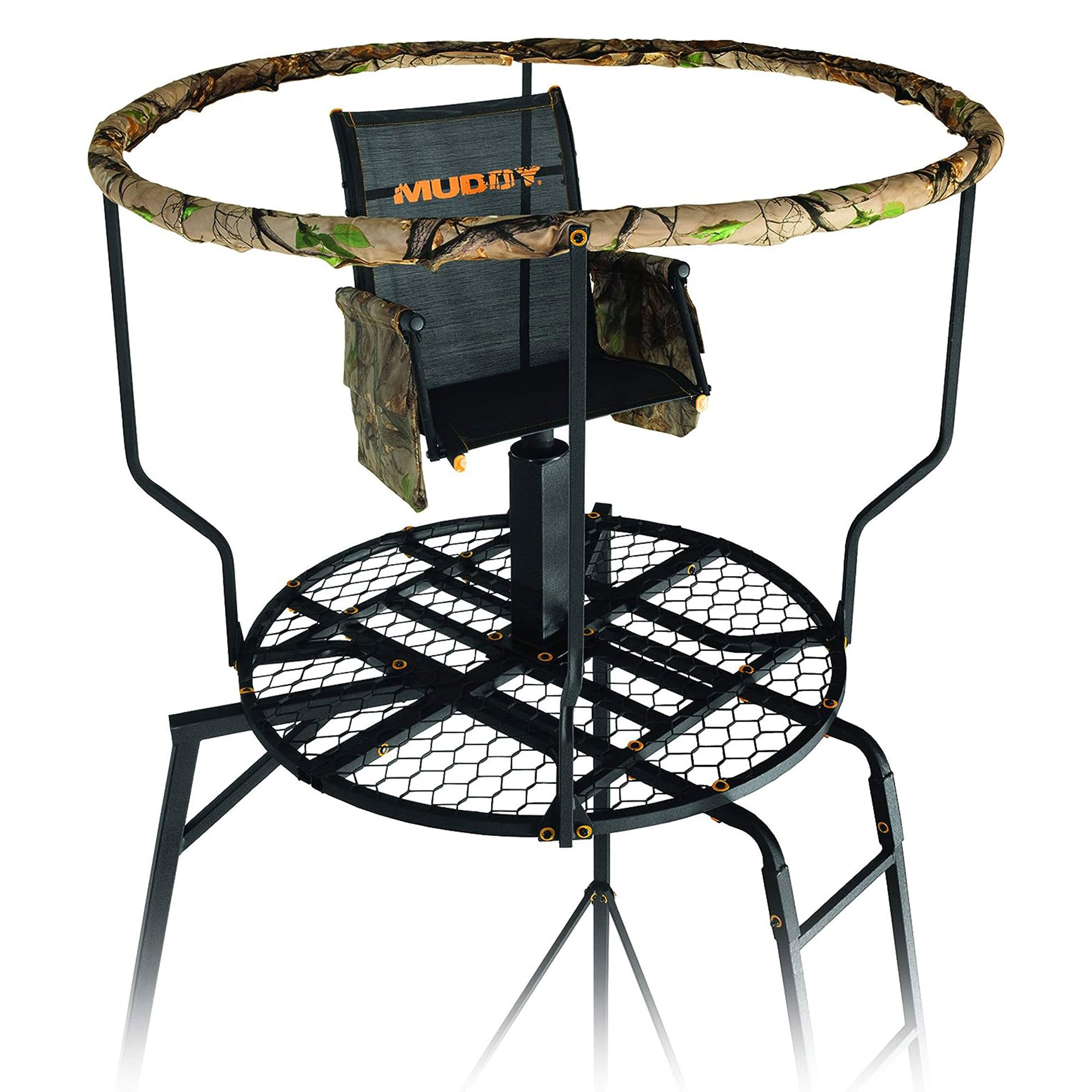 Muddy 16' Liberty Tripod with Hunting Chair, hunting equipment deer stand featuring a swivel Flex Tek seat and detachable gear bag, with a weight capacity of 300 pounds