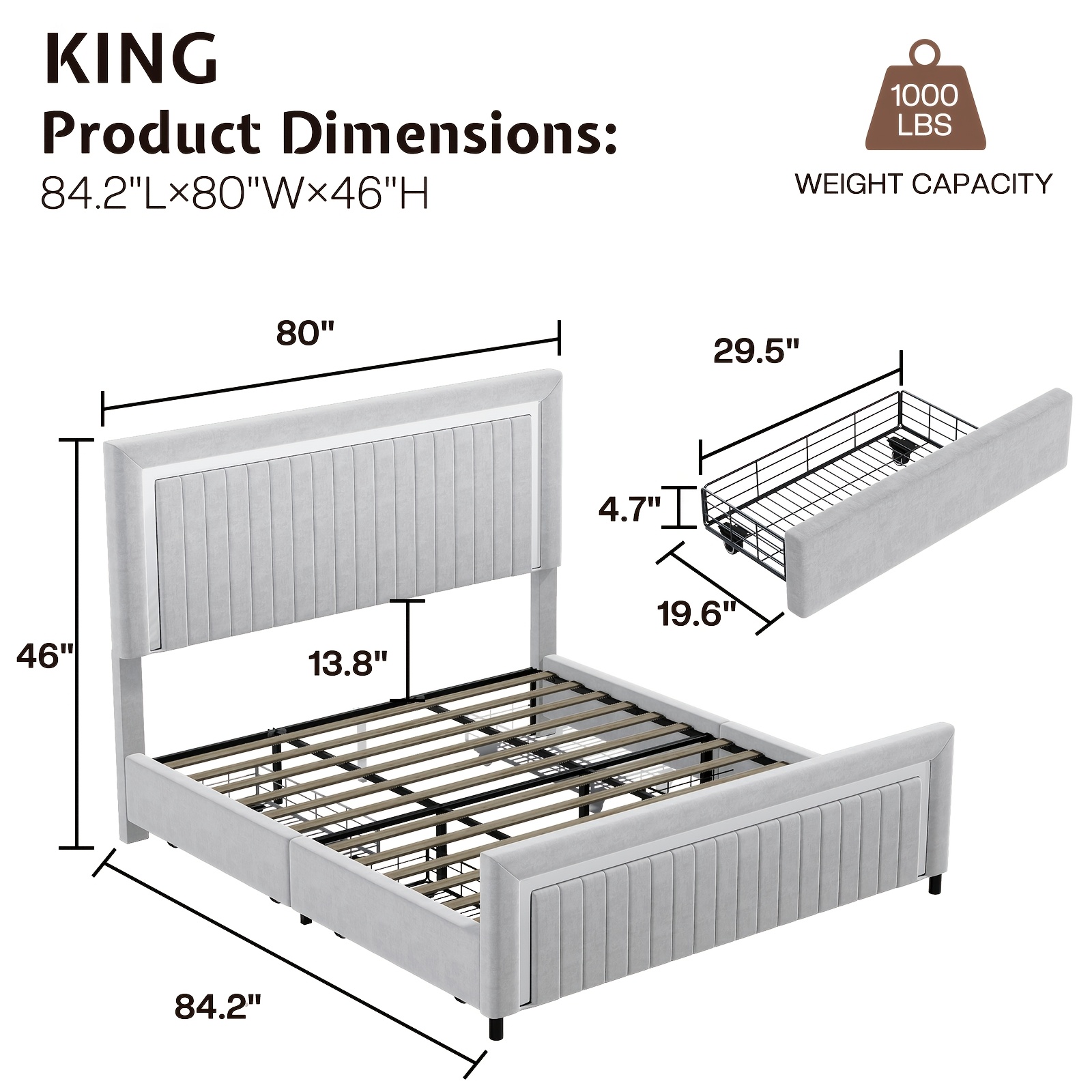LUXOAK Queen Size LED Headboard Bed Frame| Features a soft upholstery design, 4 storage drawers, adjustable headboard with vertical channels, modern style, high-density fiberboard, metal bed frame, no box mattress required