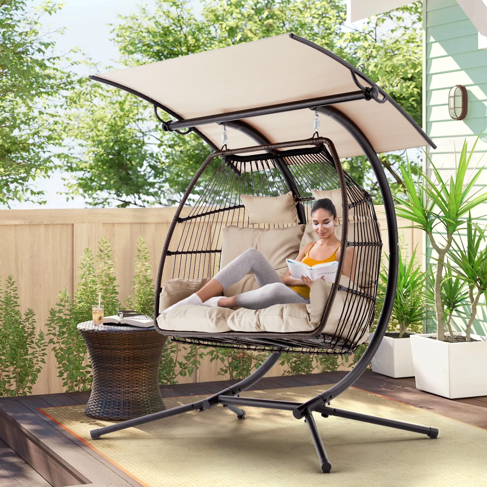 Double Egg Chair with Stand, Foldable Hanging Chair, Hammock Chair with Cushion and Awning