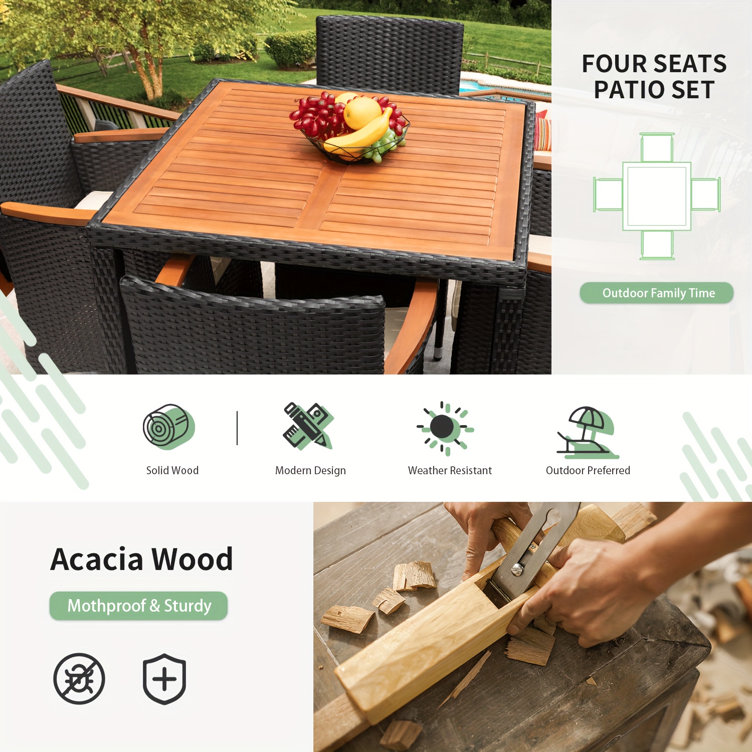 Patio furniture series, including a PE rattan chair and dining table set, with a table top made of Saka wood, and chairs featuring curved wooden armrests and cushions