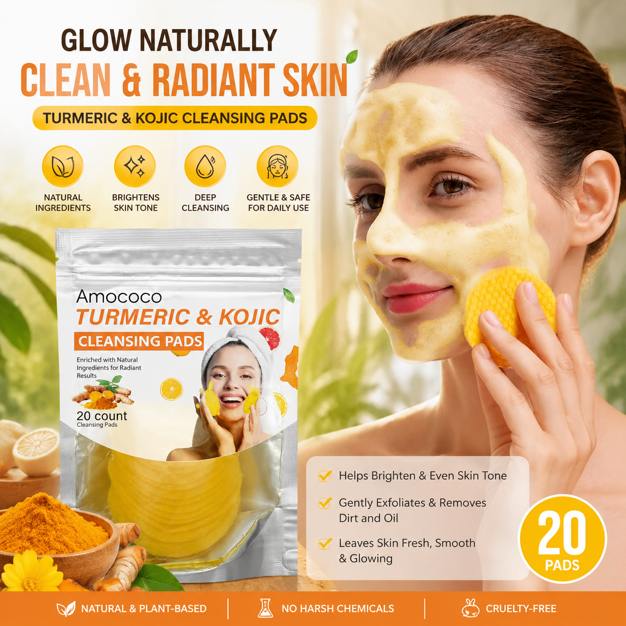 💥LAST DAY 49% OFF🌟 Turmeric & Kojic Acid Cleansing Pads – 20 Pcs, Gentle Deep Clean, Brighten & Soften Skin