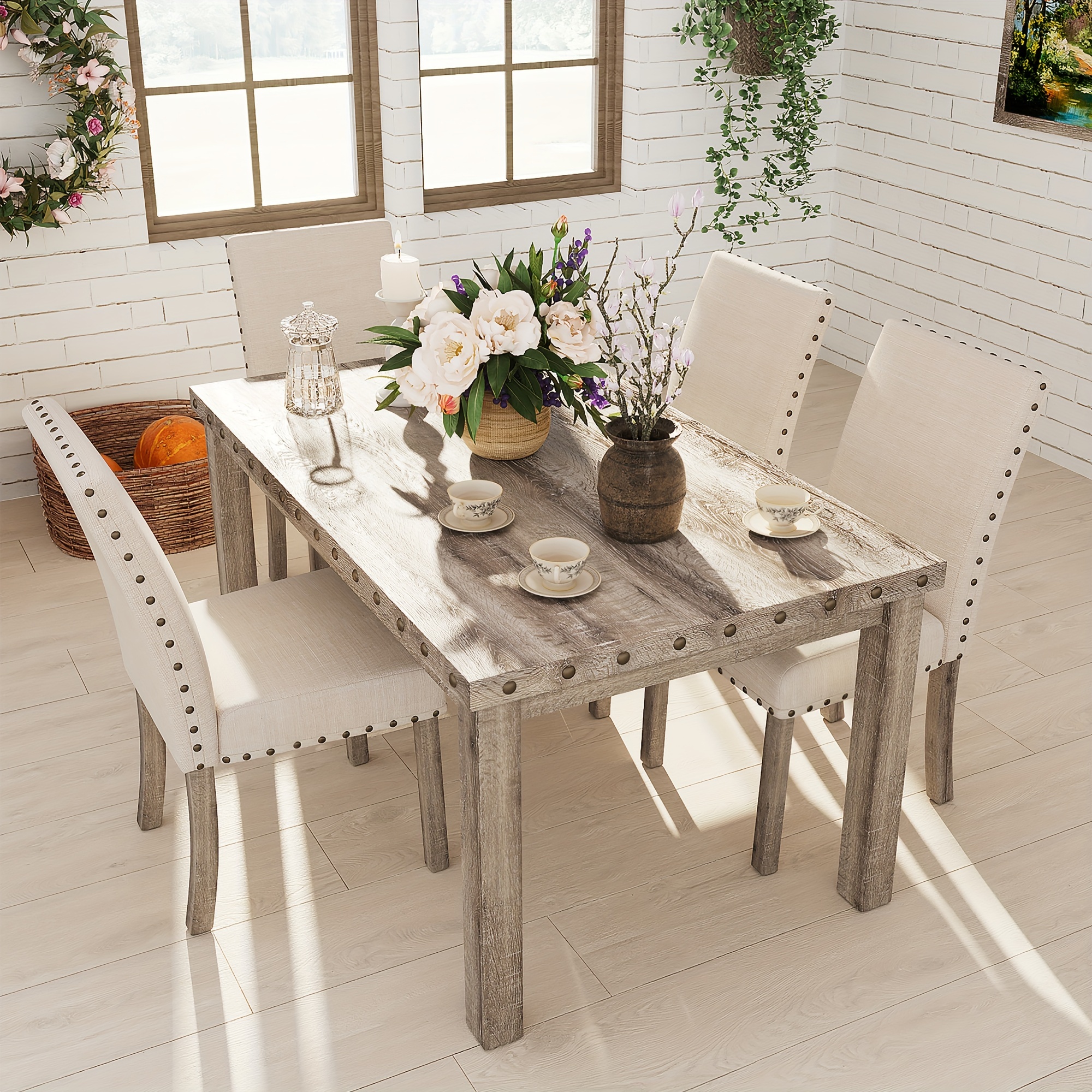 Morden Fort 7/5-Piece Rustic Wooden Dining Set, Mid-Century Modern Table and Chair Combination, Suitable for Large Dining Rooms and Entertaining Guests