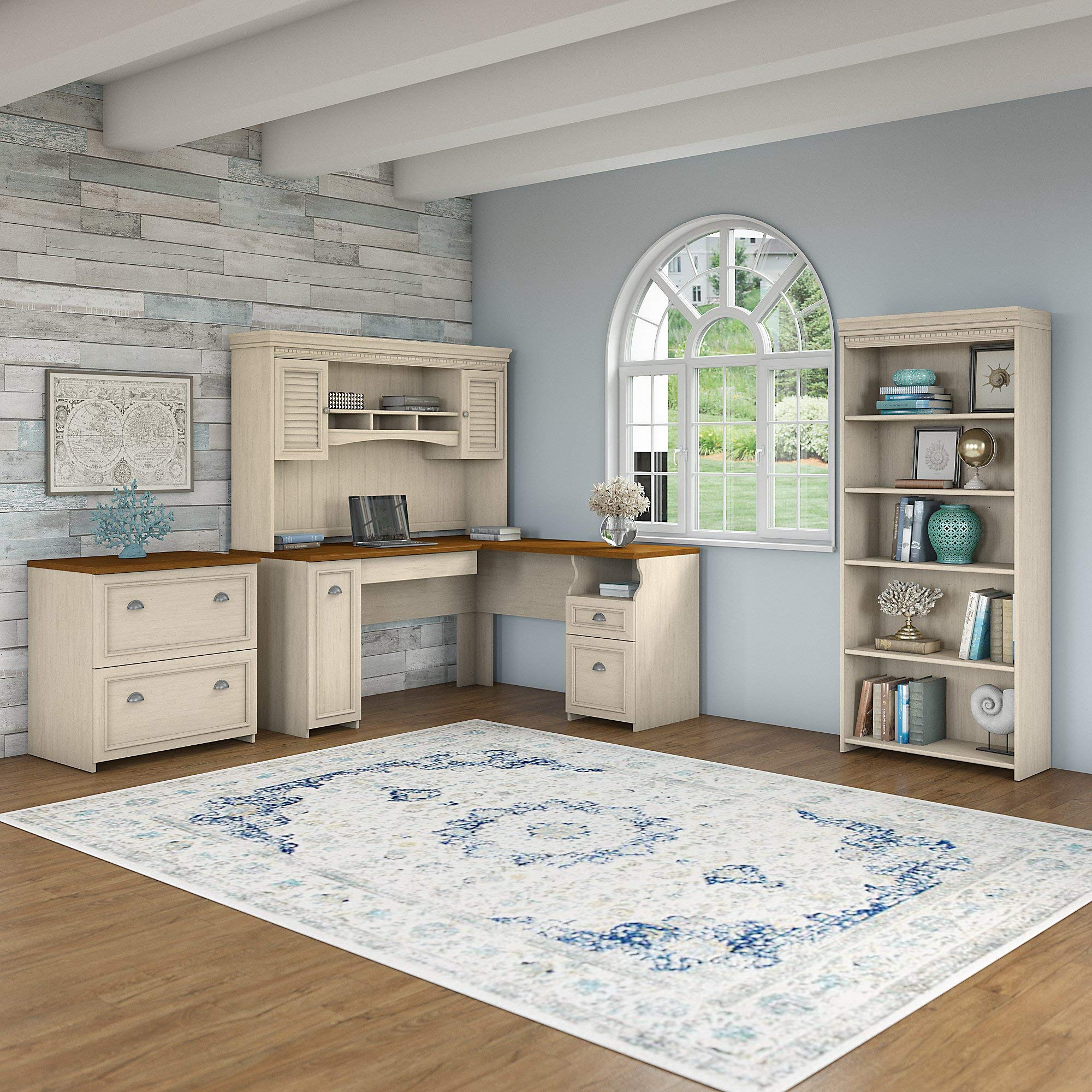 Fairview L Shaped Desk with Hutch, Bookcase and Lateral File Cabinet in Antique White