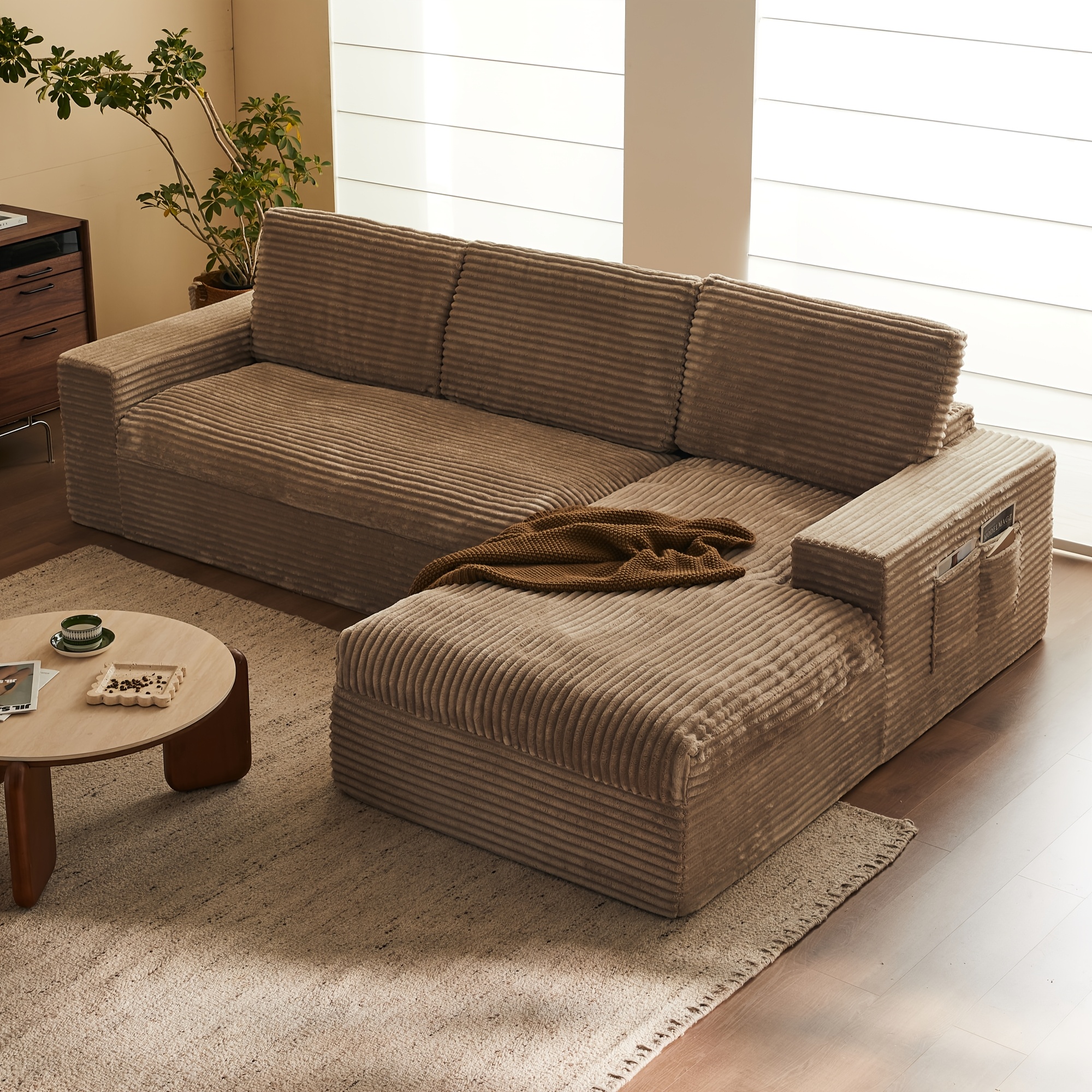 115inch Modular corner sofa with chaise lounge, cloud sofa with deep seat, fluffy corduroy sofa, memory foam frameless sofa, suitable for living room and bedroom, no assembly required