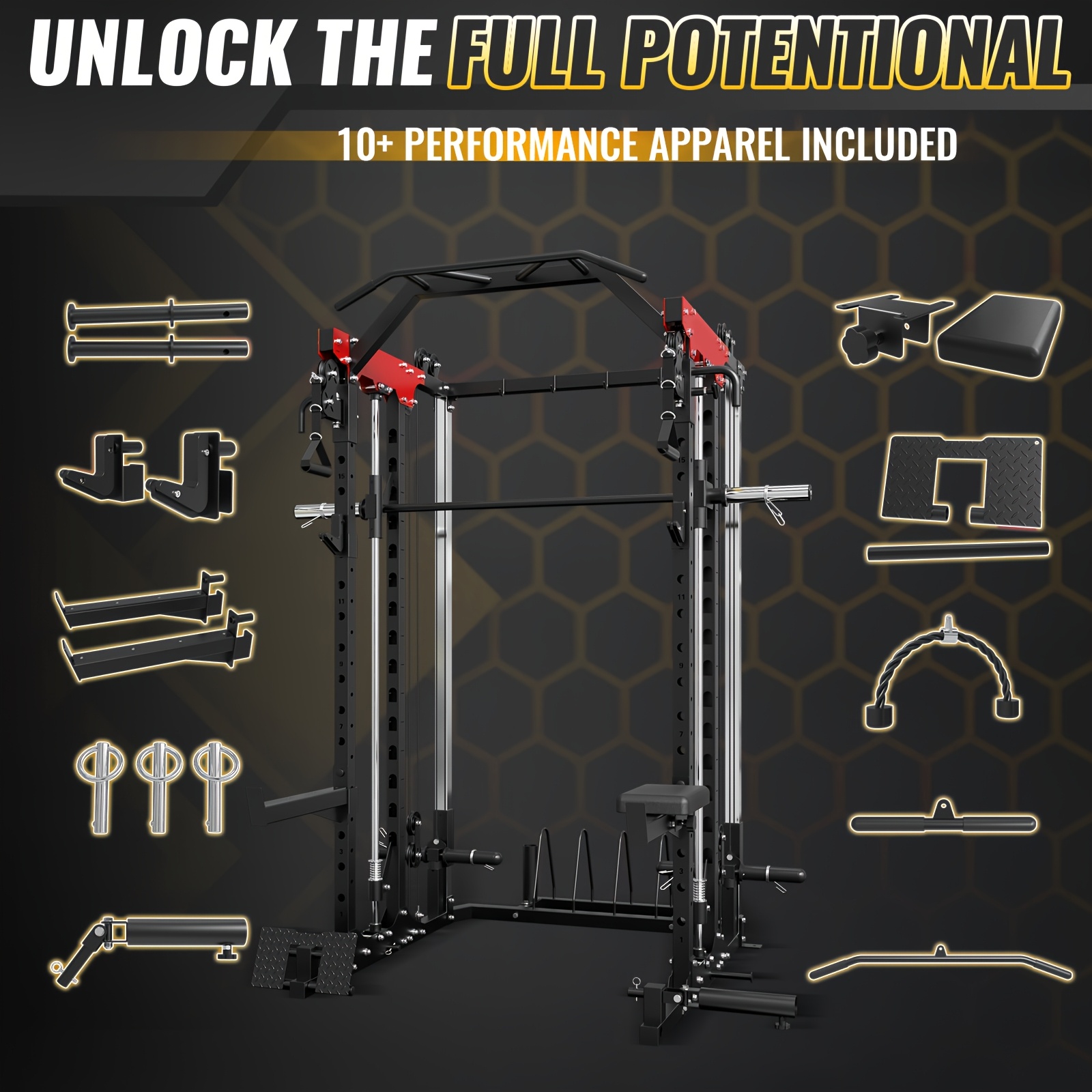 Smith trainer, 2000-pound power cage squat rack, equipped with a Smith bar, dual-pull down system, cable crossover trainer, and more home gym cable attachments