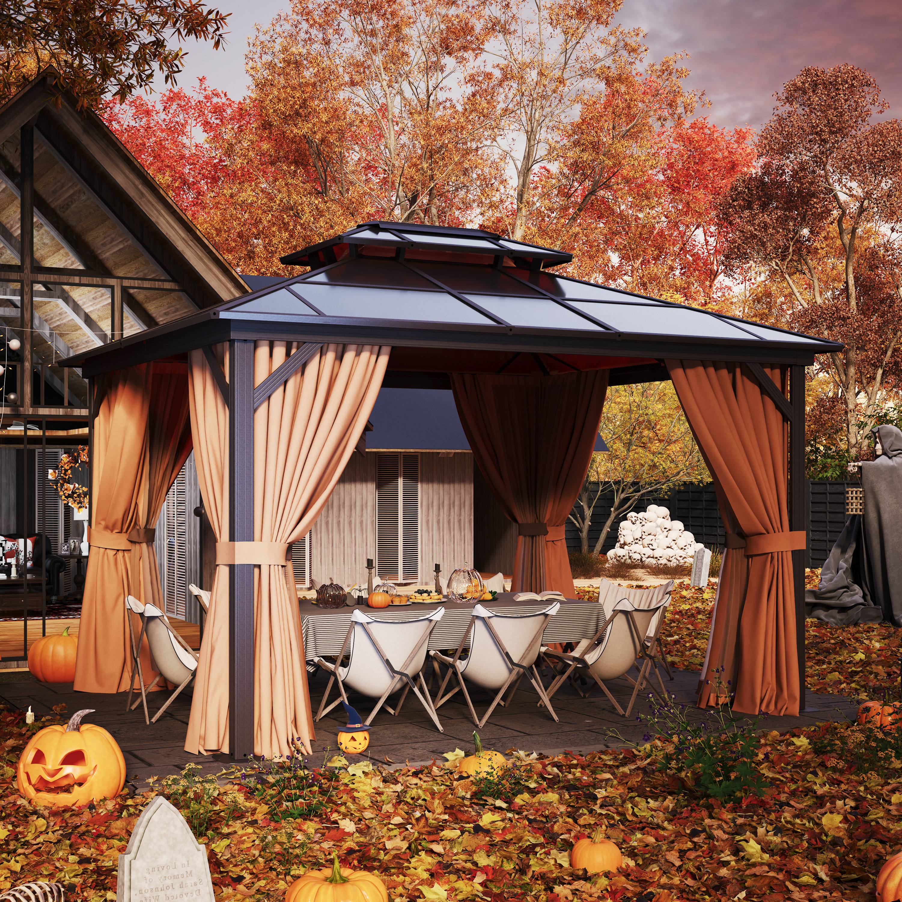 Outdoor hard-top gazebo, polycarbonate gazebo, 10x12 feet heavy-duty double-layer hard-top gazebo, equipped with aluminum frame, privacy screens, mosquito netting, and curtains, suitable for patios