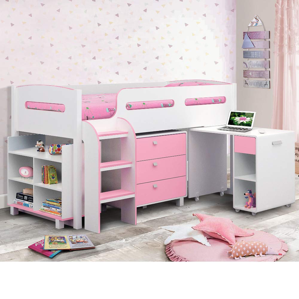 Kids Mid Sleeper Bed, Wood Contemporary Desk Drawers Shelf Storage Bed with Pocket Sprung Mattress